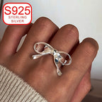 925 Silver Bow Ribbon Open Ring Stylish Minimalist Design