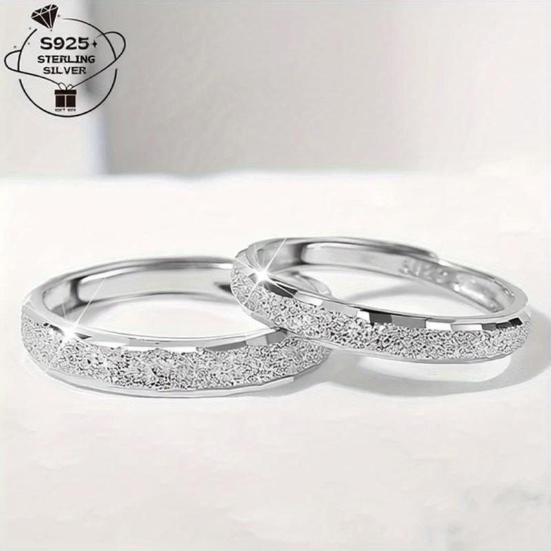 925 Sterling Silver Adjustable Couple Rings Sparkling Band with Love Engraving