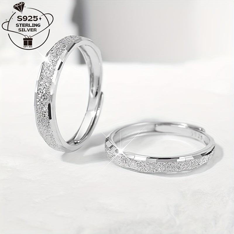 925 Sterling Silver Adjustable Couple Rings Sparkling Band with Love Engraving
