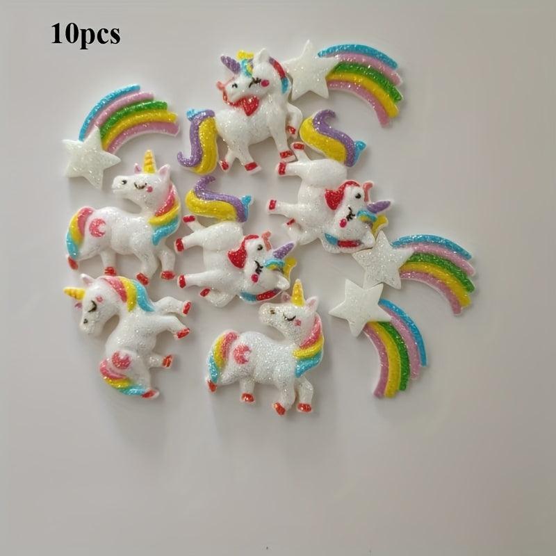 10pcs Unicorn Resin Charms with Rainbow Stars & Sparkles