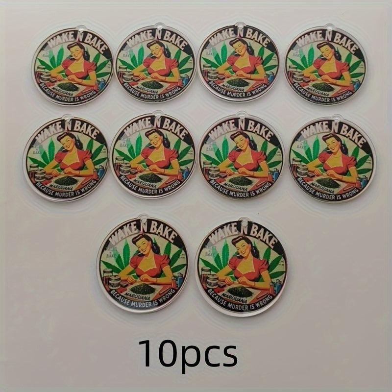 10pcs Wake N Bake Acrylic Pendants Cartoon Woman Marijuana Leaf DIY Charms