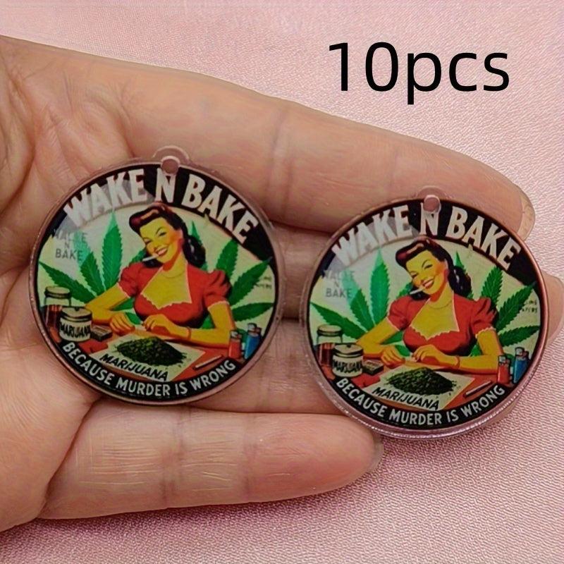10pcs Wake N Bake Acrylic Pendants Cartoon Woman Marijuana Leaf DIY Charms