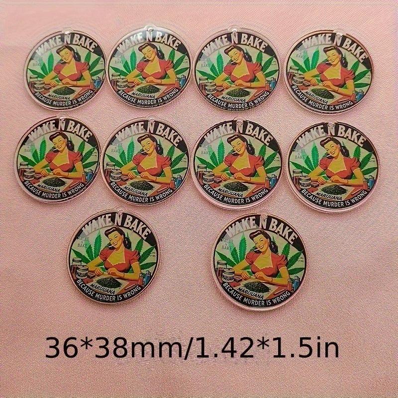 10pcs Wake N Bake Acrylic Pendants Cartoon Woman Marijuana Leaf DIY Charms