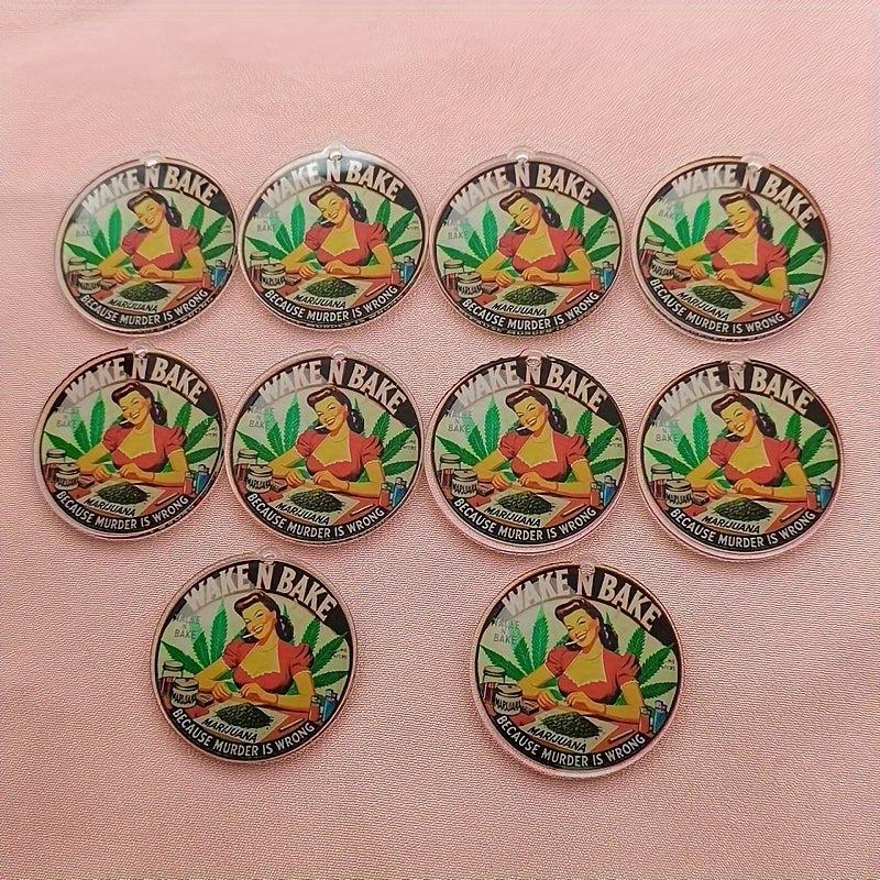 10pcs Wake N Bake Acrylic Pendants Cartoon Woman Marijuana Leaf DIY Charms