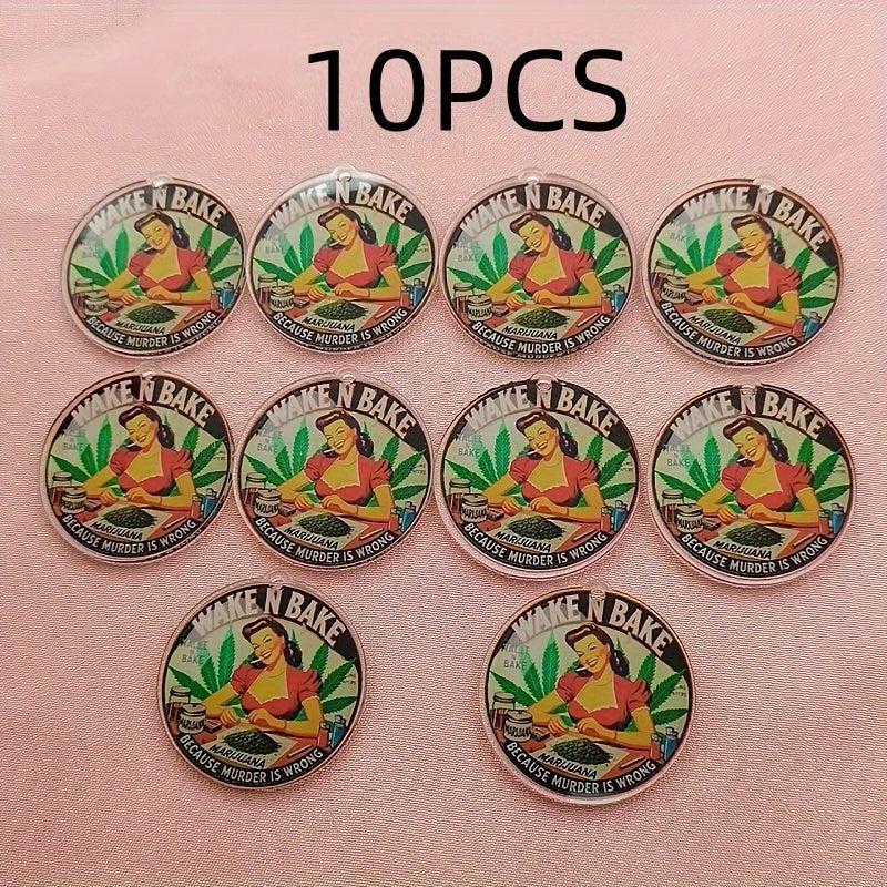 10pcs Wake N Bake Acrylic Pendants Cartoon Woman Marijuana Leaf DIY Charms