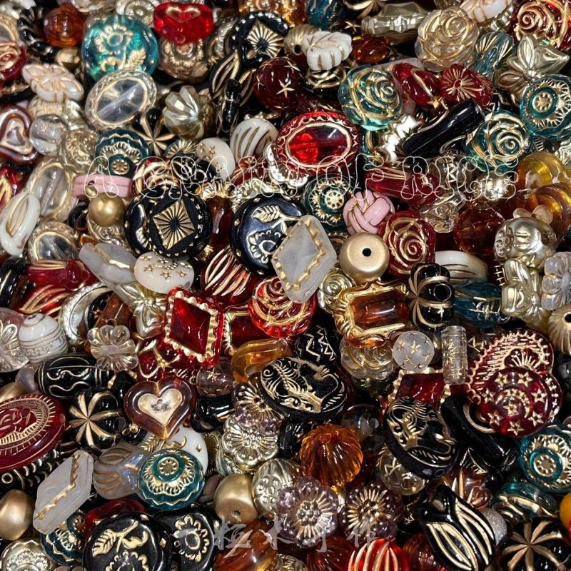 100G Vintage Baroque Gilded Beads 130pcs 8-30mm Random Multicolor