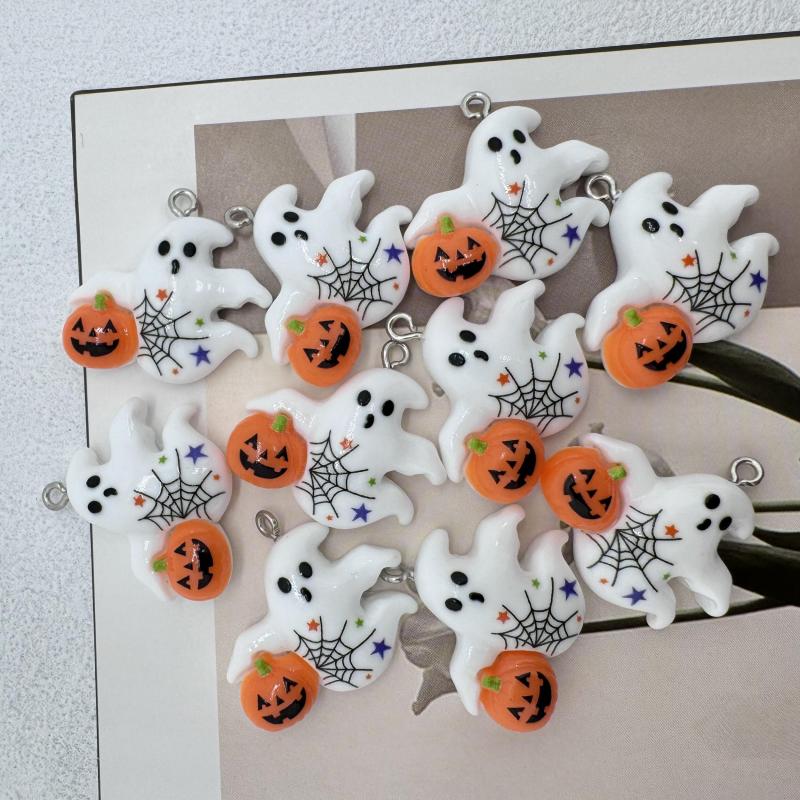 10pcs Resin Ghost Pendants w/ Pumpkin Charms for DIY Jewelry Making