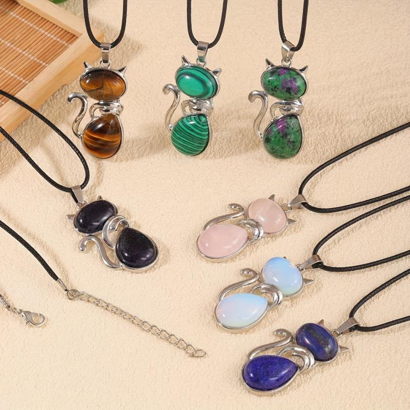 12pcs Stone Cat Pendant Necklace Set - DIY Jewelry Making
