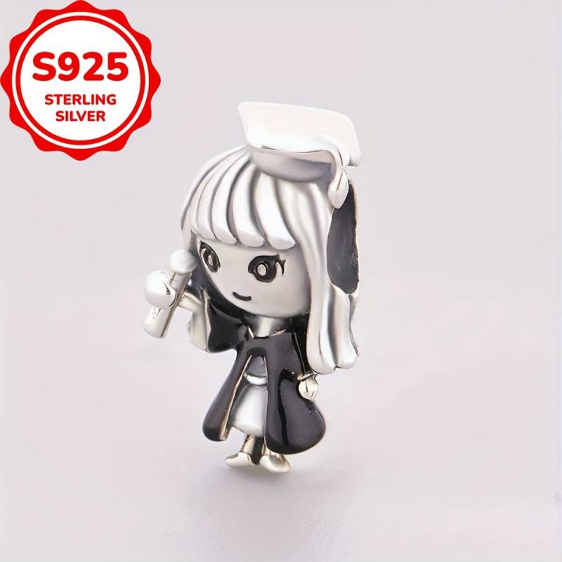 925 Sterling Silvery Graduate Character Bracelet/Necklace Charms Beads