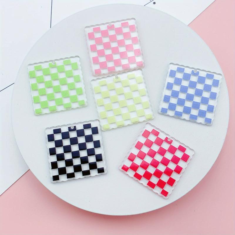 12pcs Clear Checkerboard Square Charms Pink Green Red Pattern DIY Craft