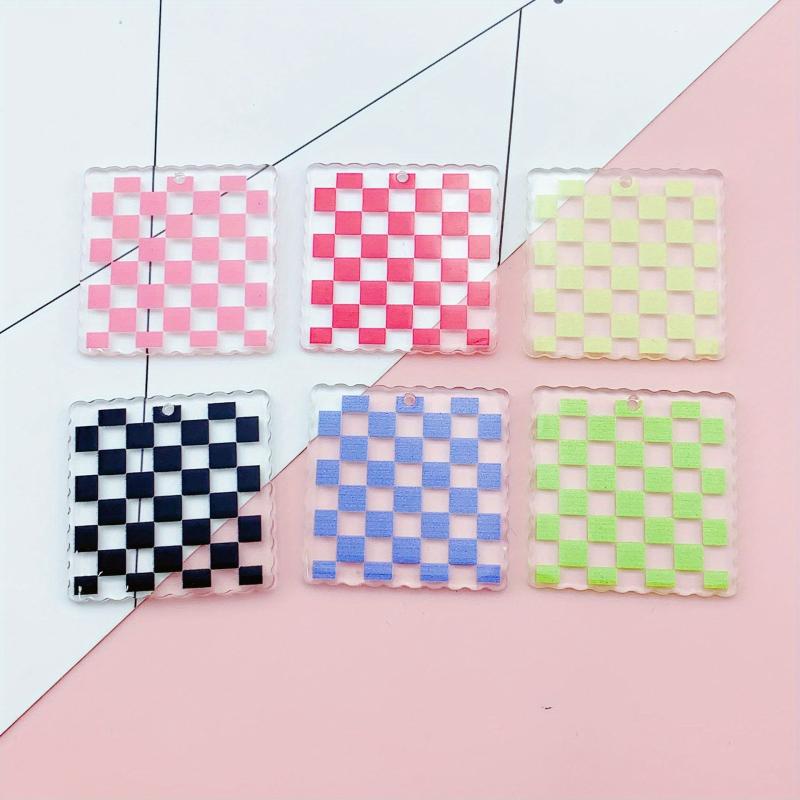 12pcs Clear Checkerboard Square Charms Pink Green Red Pattern DIY Craft