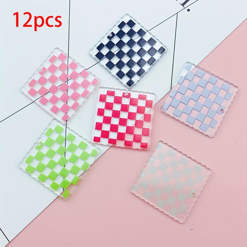 12pcs Clear Checkerboard Square Charms Pink Green Red Pattern DIY Craft