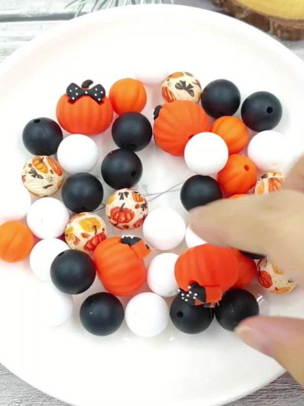25pcs Silicone Bow Pumpkin Beads Orange Round Print Jewelry Decoration
