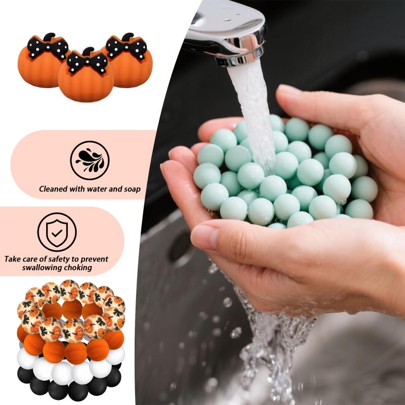 25pcs Silicone Bow Pumpkin Beads Orange Round Print Jewelry Decoration