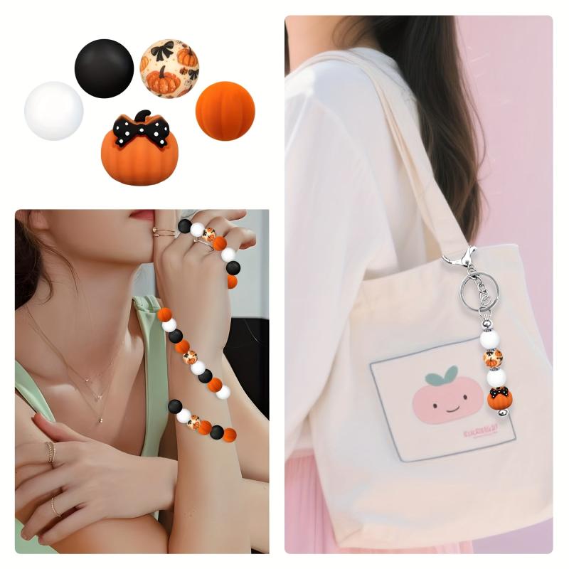 25pcs Silicone Bow Pumpkin Beads Orange Round Print Jewelry Decoration