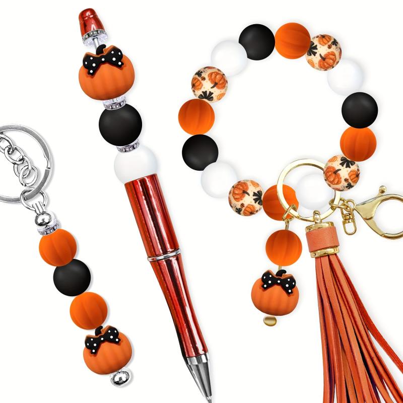 25pcs Silicone Bow Pumpkin Beads Orange Round Print Jewelry Decoration