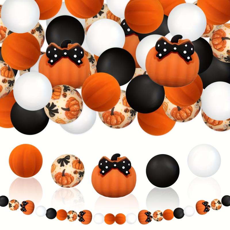 25pcs Silicone Bow Pumpkin Beads Orange Round Print Jewelry Decoration