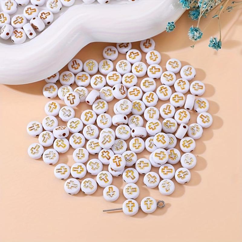 100pcs Acrylic Cross Beads with Golden Cross for DIY Jewelry Making