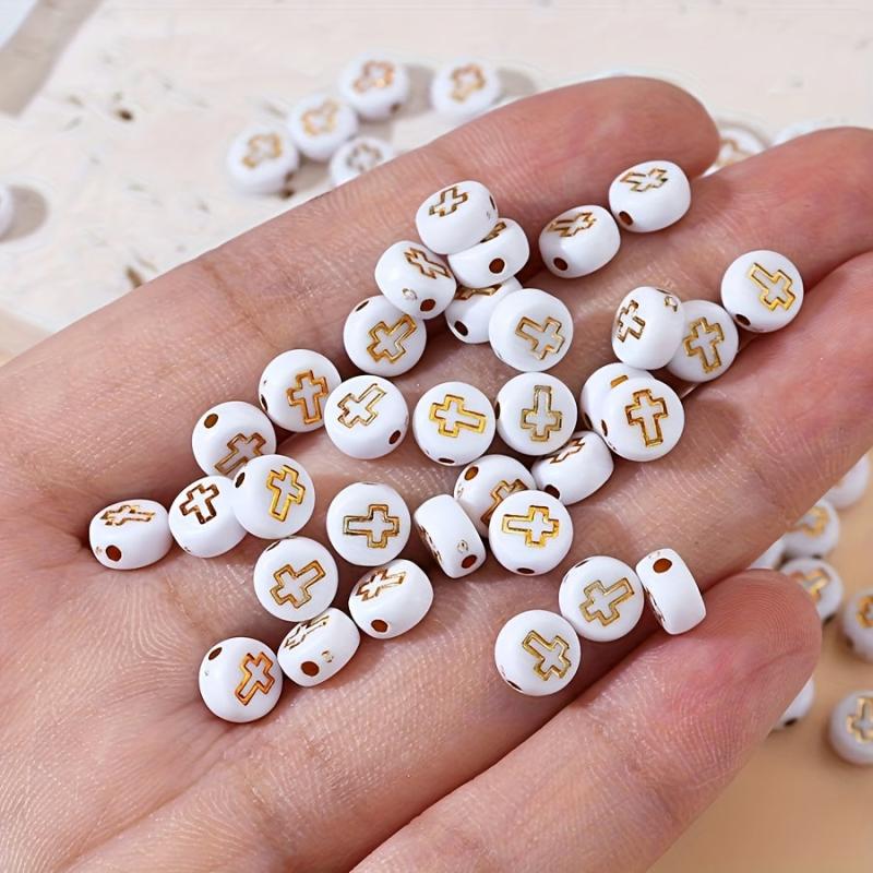 100pcs Acrylic Cross Beads with Golden Cross for DIY Jewelry Making