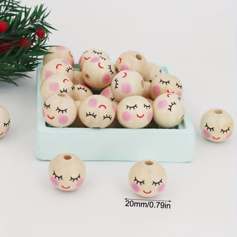 Wooden Face Pattern Beads 30pc & Round Ball Beads 12pc DIY Jewelry Crafts