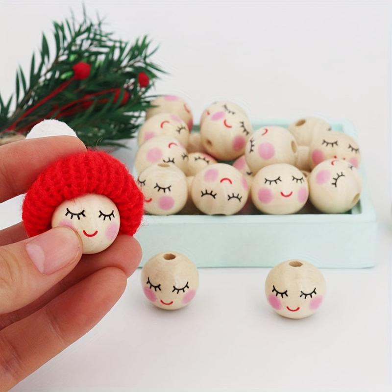 Wooden Face Pattern Beads 30pc & Round Ball Beads 12pc DIY Jewelry Crafts