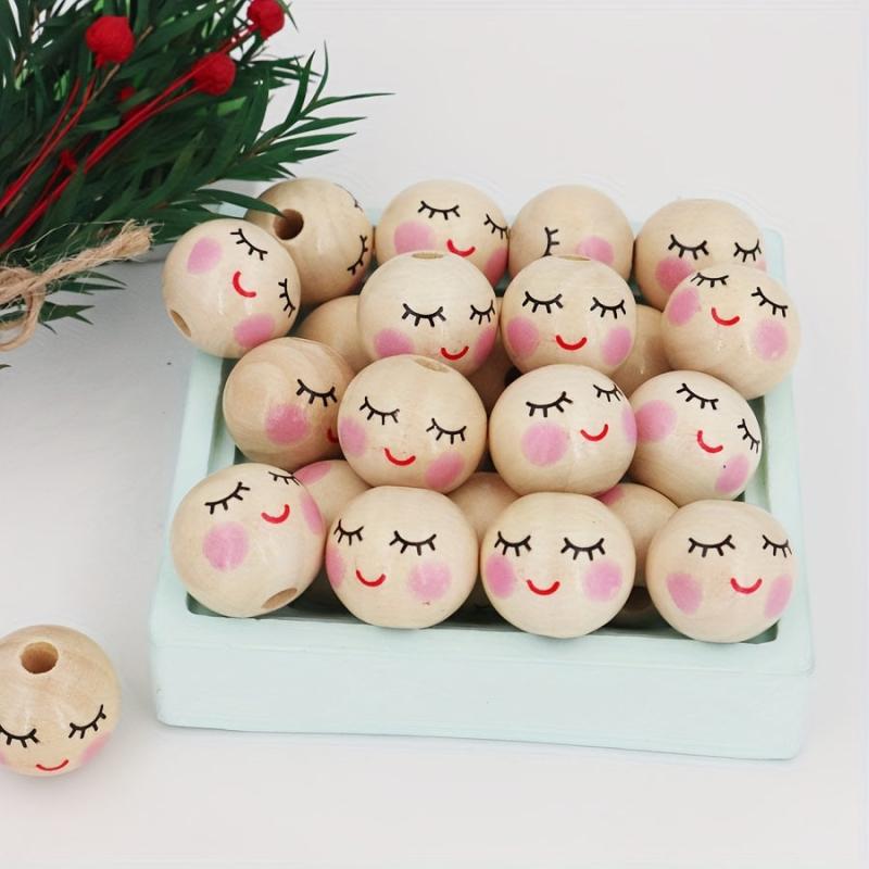 Wooden Face Pattern Beads 30pc & Round Ball Beads 12pc DIY Jewelry Crafts