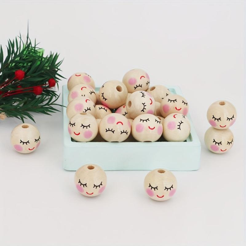 Wooden Face Pattern Beads 30pc & Round Ball Beads 12pc DIY Jewelry Crafts