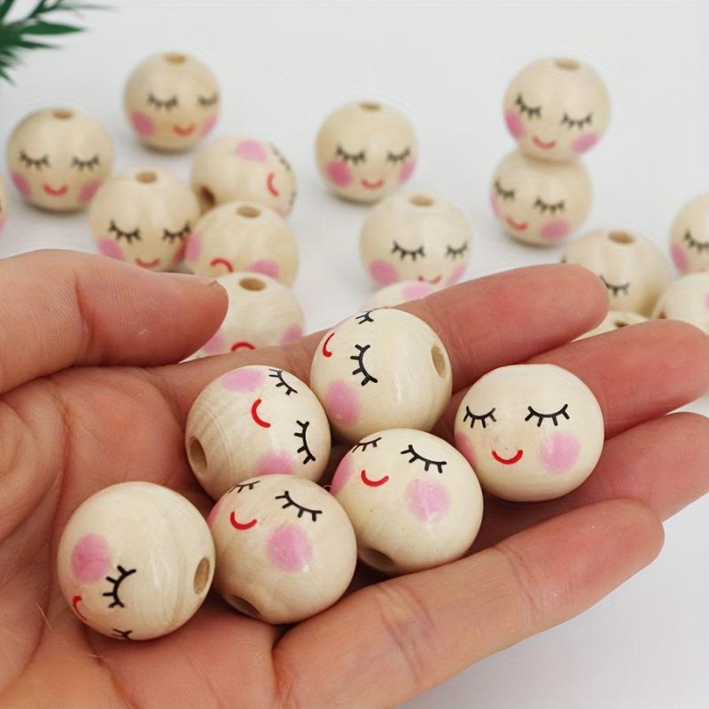 Wooden Face Pattern Beads 30pc & Round Ball Beads 12pc DIY Jewelry Crafts