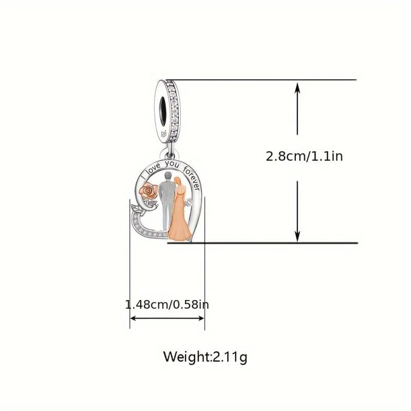 925 Silver Couple Style Heart Rose Charms Beads Necklace Pendant DIY Jewelry