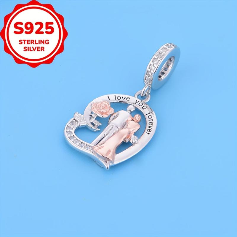 925 Silver Couple Style Heart Rose Charms Beads Necklace Pendant DIY Jewelry