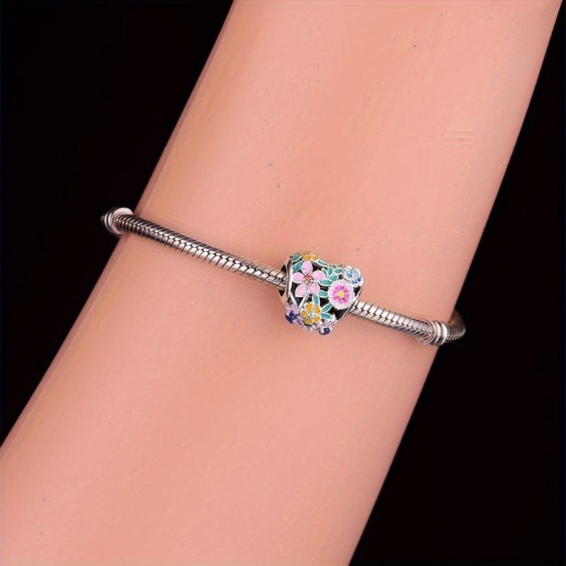 925 Silver Flower Heart Charms Bead for DIY Jewelry