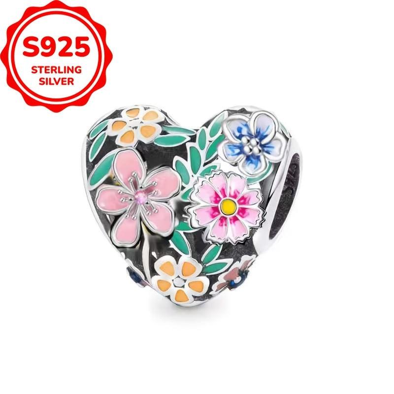 925 Silver Flower Heart Charms Bead for DIY Jewelry