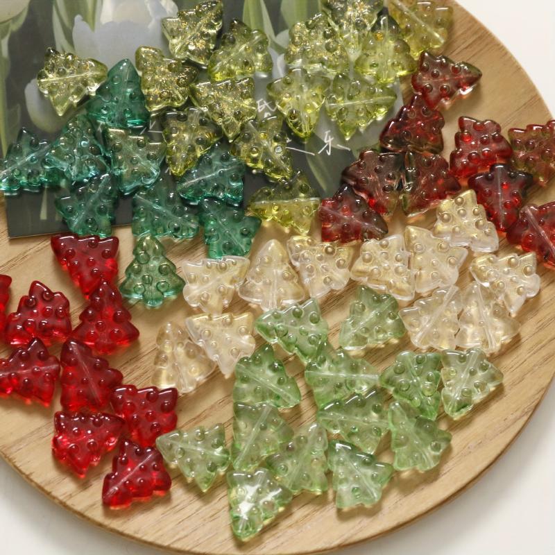 50pcs Christmas Tree Beads Red Green Clear Golden Brown Straight Hole Beads