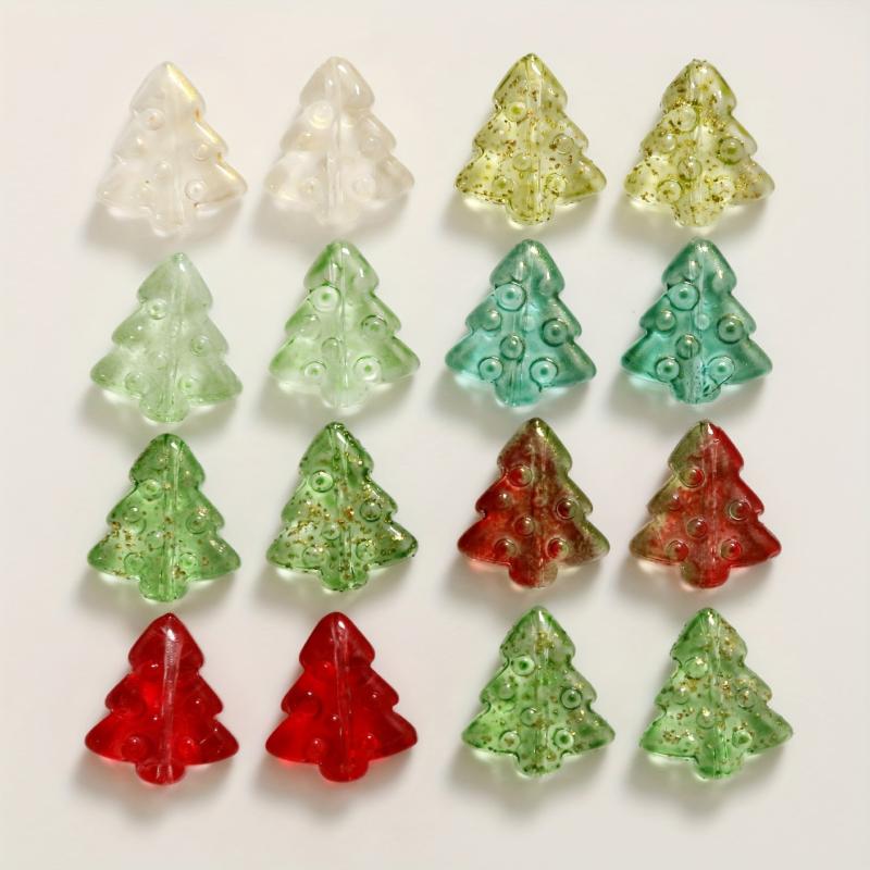 50pcs Christmas Tree Beads Red Green Clear Golden Brown Straight Hole Beads