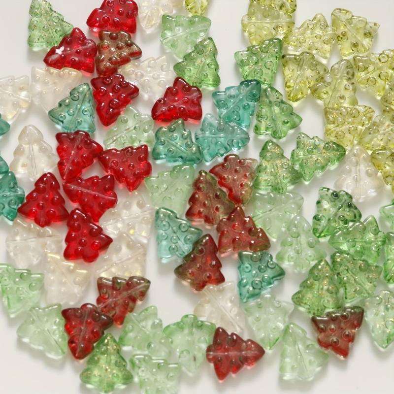 50pcs Christmas Tree Beads Red Green Clear Golden Brown Straight Hole Beads