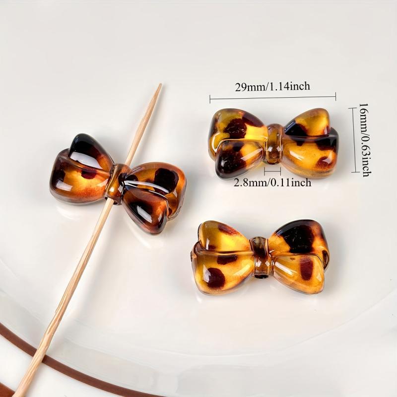 10pcs Retro Leopard Print Bowknot Heart Beads for DIY Jewelry Making