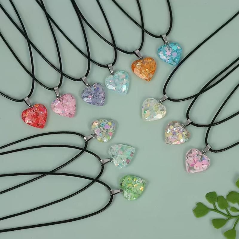 12pcs Fluorescent Resin Pendant Set - Heart Shaped Necklace Sweater Chain Decor