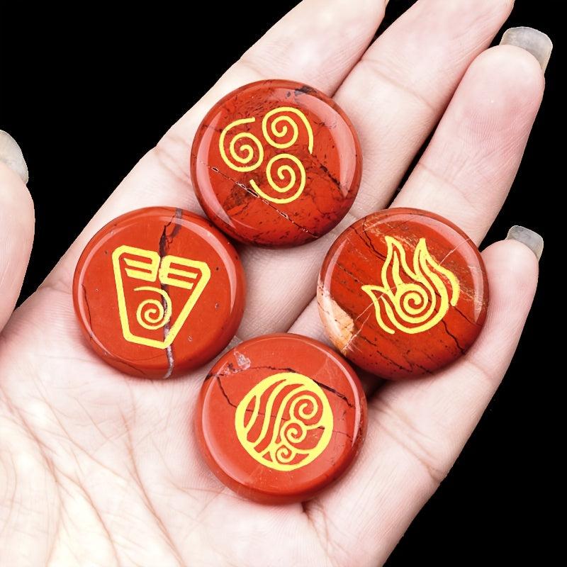 4pcs Natural Stone Elemental Symbols Earth Air Water Fire Red