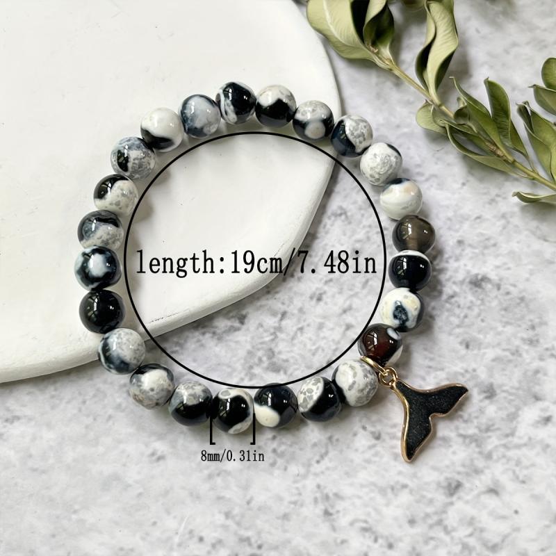 8mm Natural Stone Bracelet with Killer Whale Tail Pendant Fire Agate Beads