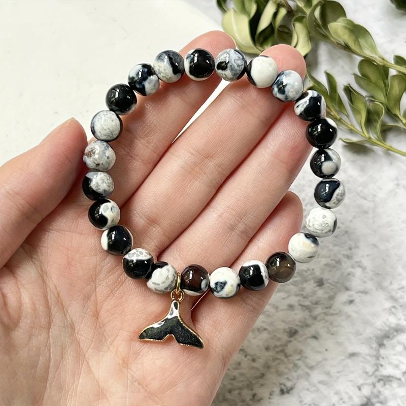 8mm Natural Stone Bracelet with Killer Whale Tail Pendant Fire Agate Beads