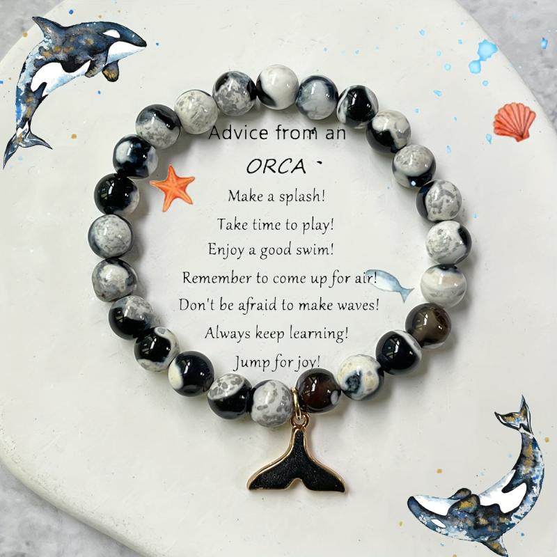 8mm Natural Stone Bracelet with Killer Whale Tail Pendant Fire Agate Beads