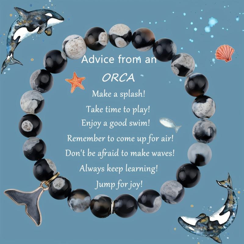 8mm Natural Stone Bracelet with Killer Whale Tail Pendant Fire Agate Beads