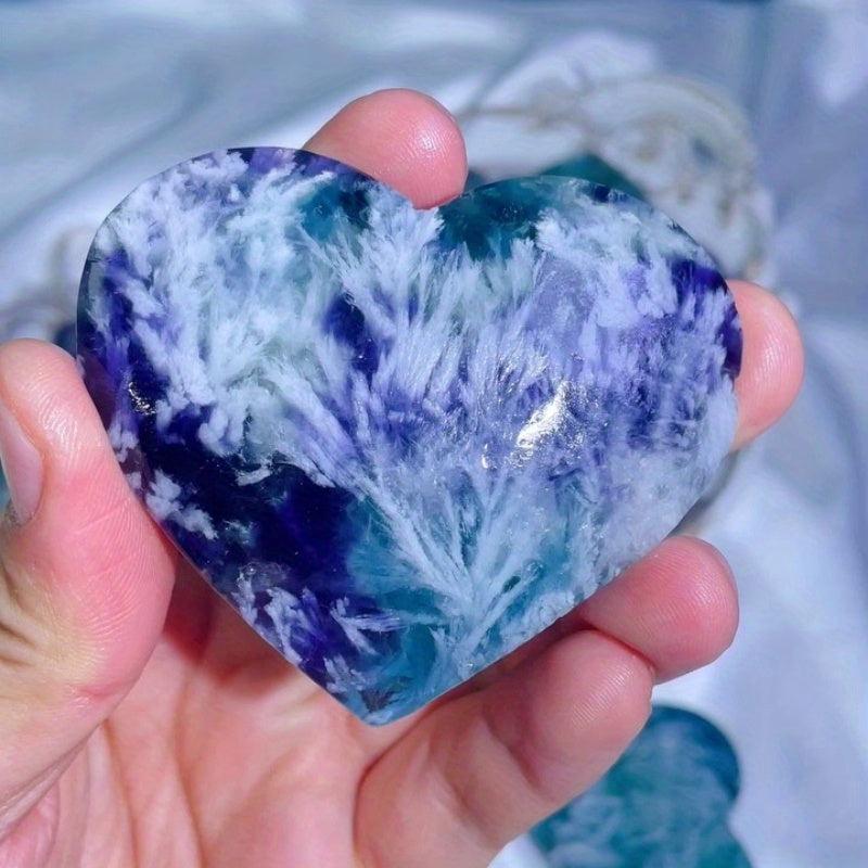 1pc Natural Feather Fluorite Heart Palm Stone Mineral Sample Quartz Crystal Gift