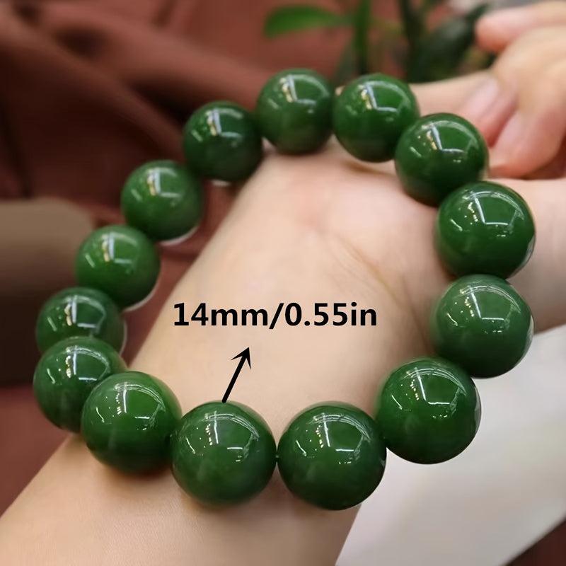 14mm Green Round Stone Bead Bracelet for Wealth & Fortune