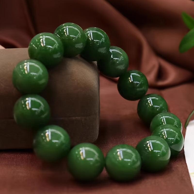 14mm Green Round Stone Bead Bracelet for Wealth & Fortune