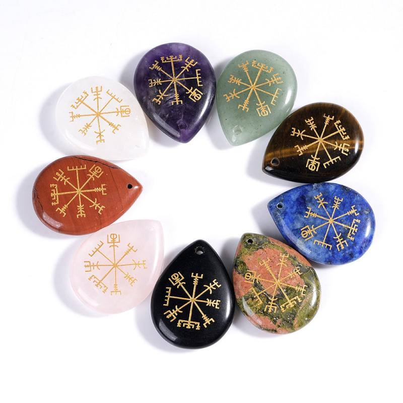 Crystal Viking Compass Rose Teardrop Pendant Hand Carved Nautical Jewelry Charm