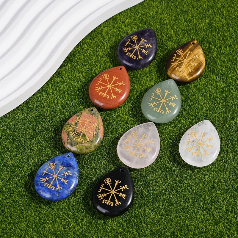 Crystal Viking Compass Rose Teardrop Pendant Hand Carved Nautical Jewelry Charm