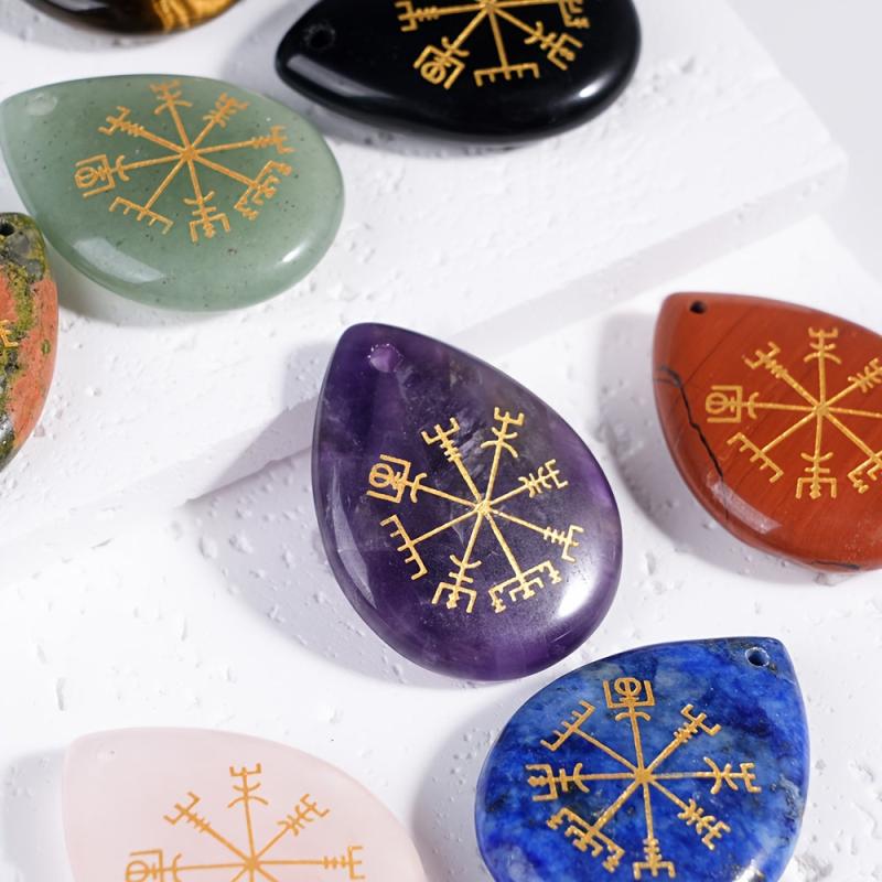 Crystal Viking Compass Rose Teardrop Pendant Hand Carved Nautical Jewelry Charm