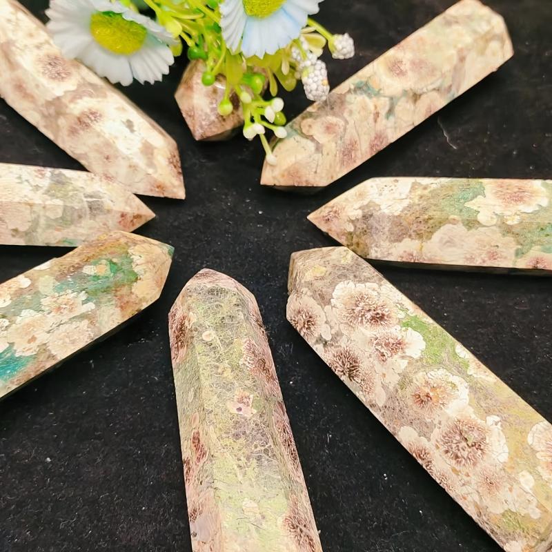 Natural Green Blossom Agate Tower Hexagonal Crystal