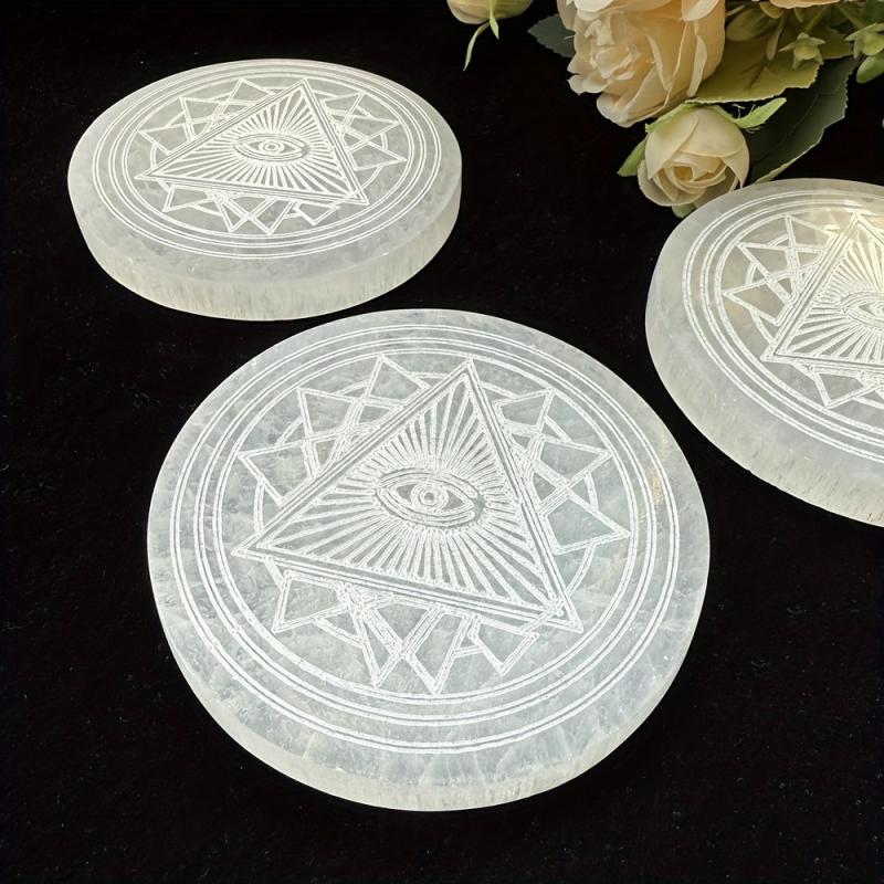 Selenite Big Disc Fatima Retro Demon Eyes Engraved Boho Decorative Plate